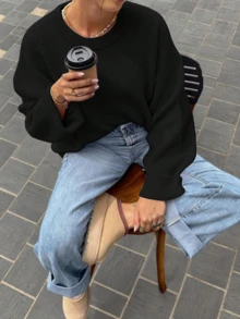 FOR BEAUTY 春秋新款纯色极简圆领长袖针织衫，宽松通勤款套头衫，黑色，新年版