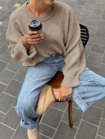Für Schönheit Herbst und Winter Neue Rundhals Langarm einfarbig minimalistischer Strickpullover für Frauen, Neuer Lässig Pendler Pullover, Weich und bequem Loose Fit Pullover, Modischer Oberteil für Neujahr