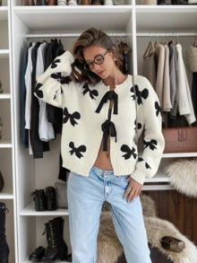 FOR BEAUTY Round Neck Bow Tie Long Sleeve Knitted Cardigan, Loose Fashion Elegant Versatile Front Tie Sweater Jacket, New Year Knitted Cardigan - Apricot - View 1