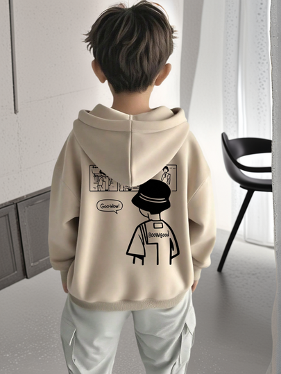 1件装男童休闲印花套头卫衣，保暖内衬，长袖，秋冬季