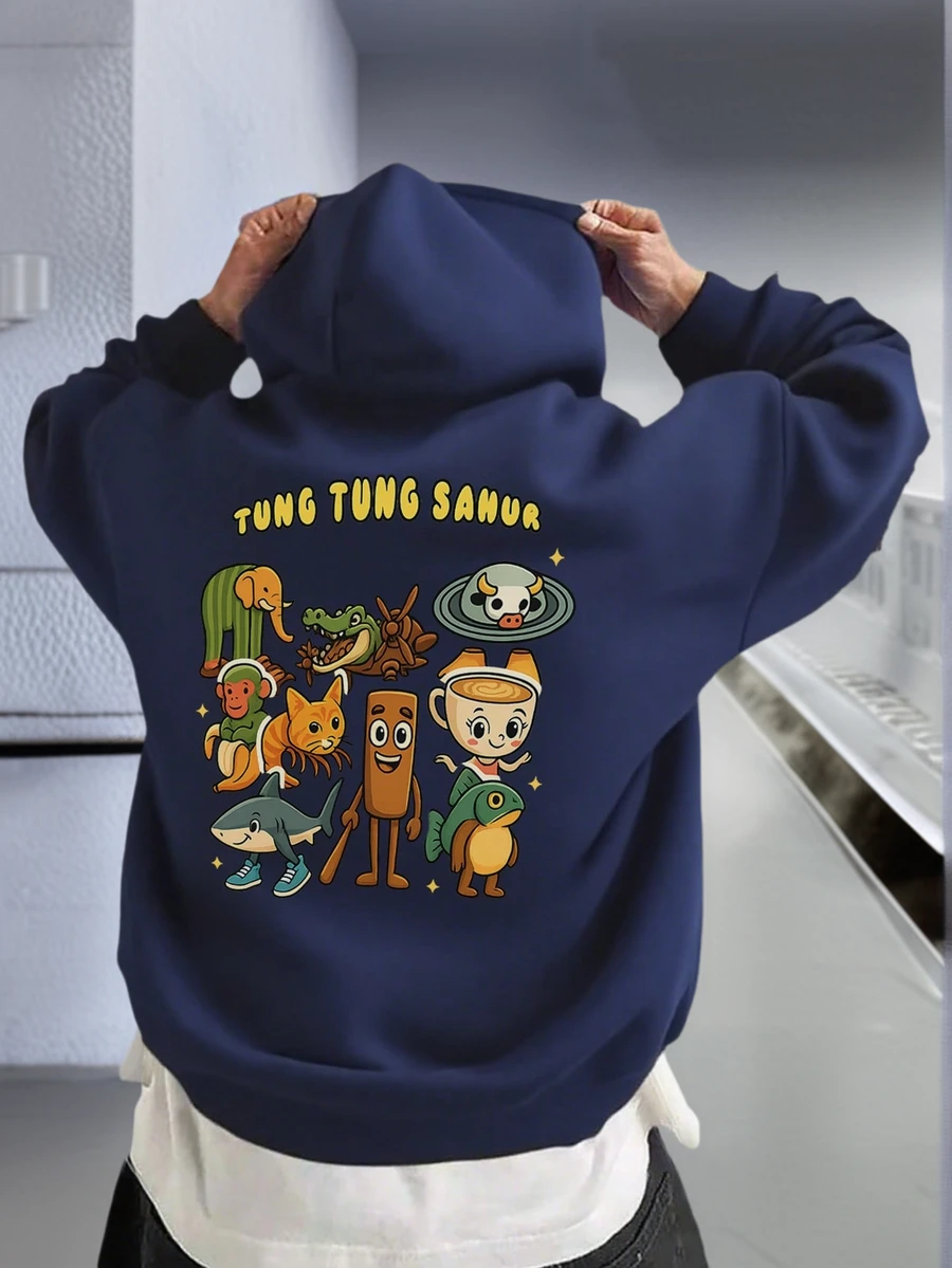 1pc Tween Boy Casual Printed Pullover Sweatshirt, Thermal Lined, Long Sleeve, Autumn/Winter - Navy Blue - View 1