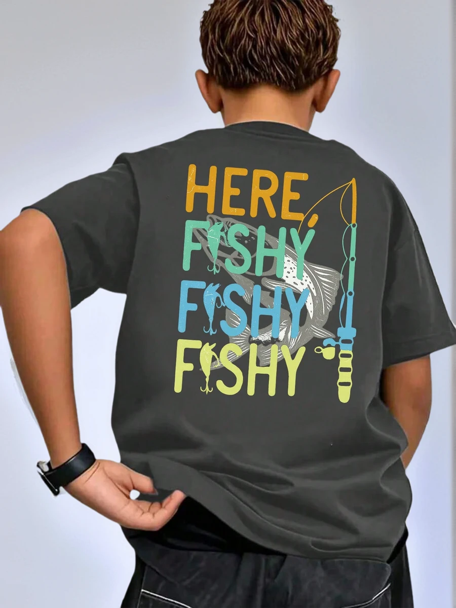 青少年男童学生休闲印花圆领短袖T恤,夏季上衣 - 深灰色 - 查看 1