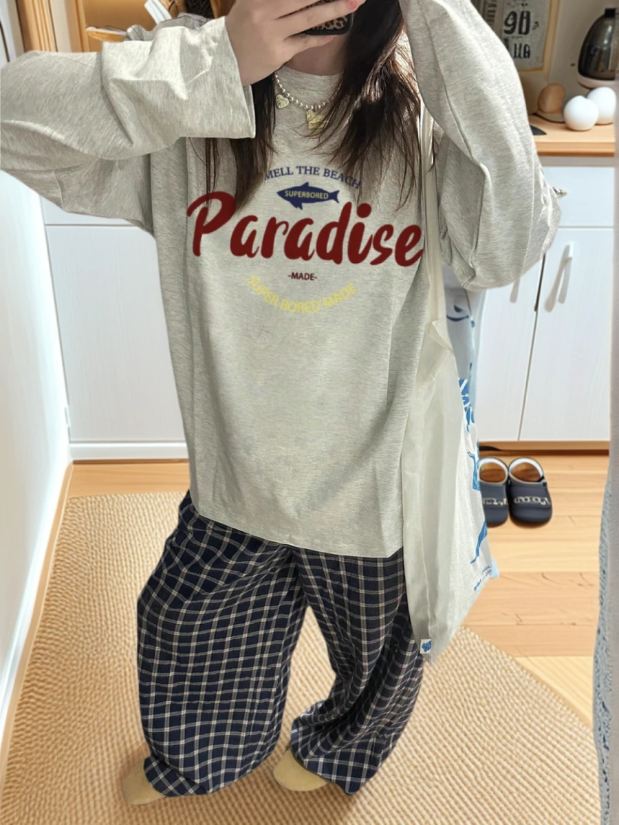 2025秋季新款时尚休闲宽松中长款T恤女字母印花长袖上衣街头韩版 - 淺花灰 - 查看 1