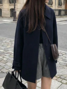 女士休闲羊毛混纺夹克，女士外套，中长款大衣，纯色梭织常规厚度面料，前襟纽扣开合，适合日常、上学、办公、早午餐等场合。 - 藏蓝色 - 查看 1