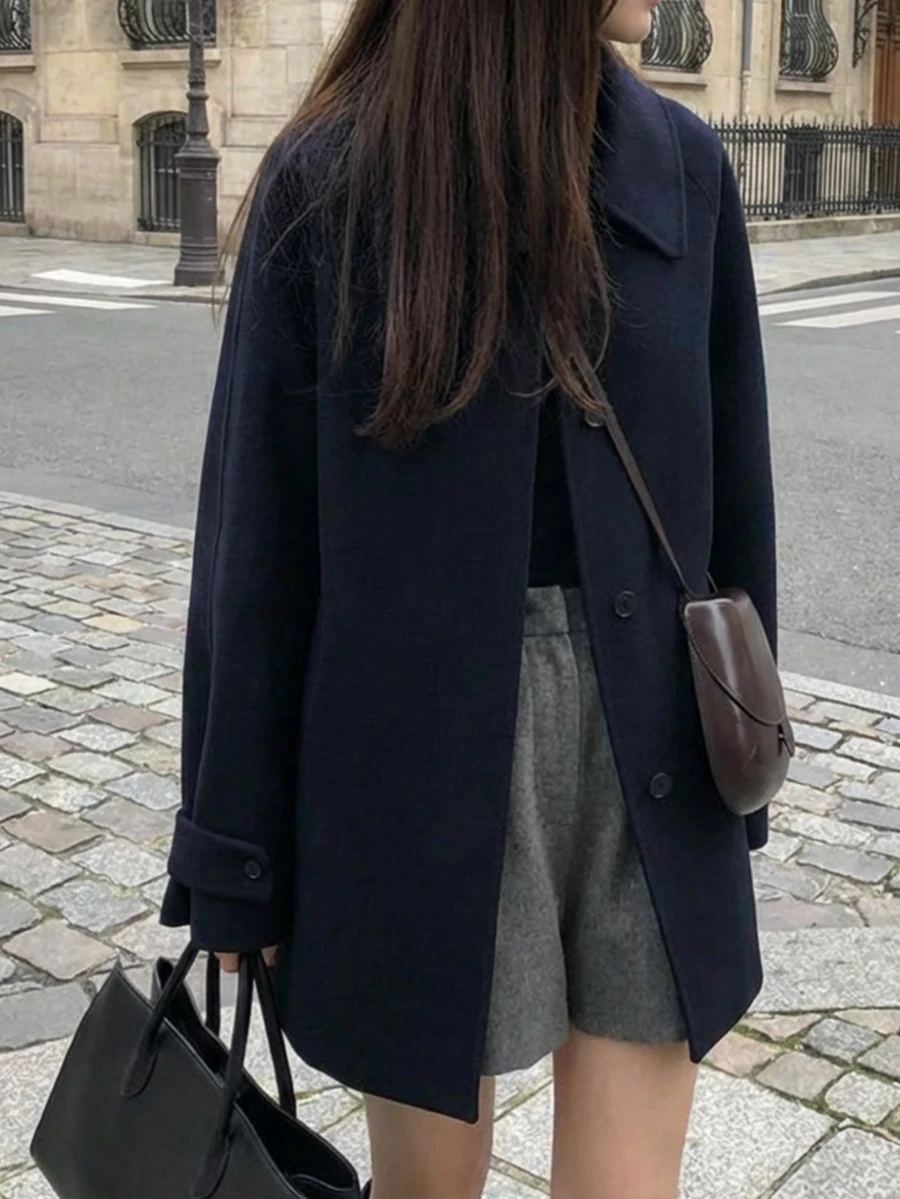女士休闲羊毛混纺夹克，女士外套，中长款大衣，纯色梭织常规厚度面料，前襟纽扣开合，适合日常、上学、办公、早午餐等场合。 - 藏蓝色 - 查看 1