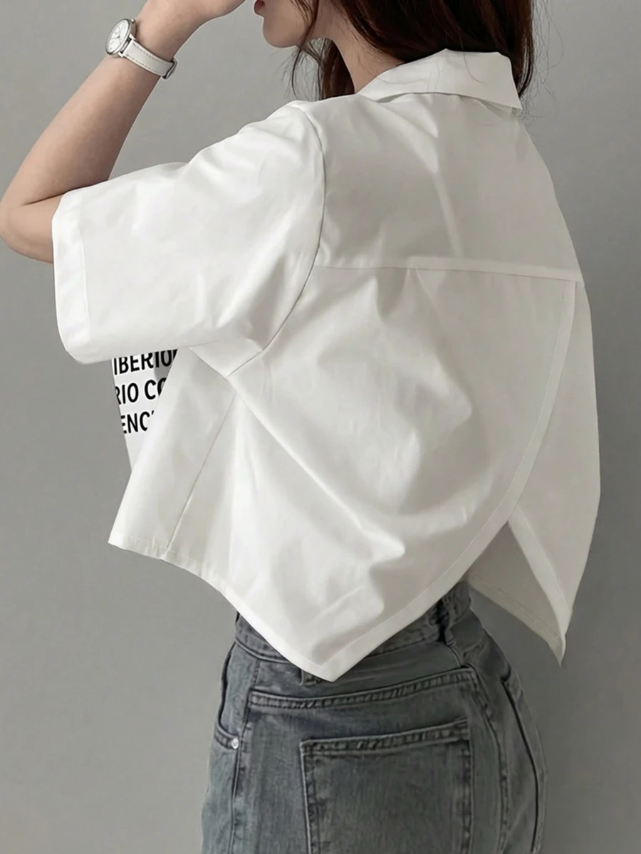 女士不对称纽扣装饰短袖休闲衬衫、时尚日常穿着、短袖上衣 - 白色 - 查看 1
