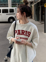 Women's Gray Letter Print Casual Short Sleeve T-Shirt, Summer