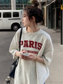 女士灰色字母印花休闲短袖 T 恤，夏季 - 淺灰色 - 查看 1