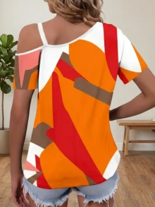 T-shirt à manches courtes d'été 2026 décontracté, col asymétrique color block avec boucle métallique - Orange - Voir 2