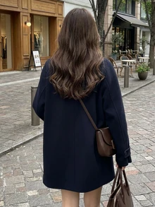 女士休闲羊毛混纺夹克，女士外套，中长款大衣，纯色梭织常规厚度面料，前襟纽扣开合，适合日常、上学、办公、早午餐等场合。 - 藏蓝色 - 查看 4