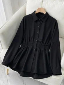 Women's Minimalist Office Fashion Waist Cinching Long Sleeve Shirt, Women's Plus Size Casual Solid Color Waist Cinching Shirt, Women's Autumn Clothing, Casual Daily, Solid Color Woven Fabric Front Button Collegiate Autumn/Winter - Black - View 4