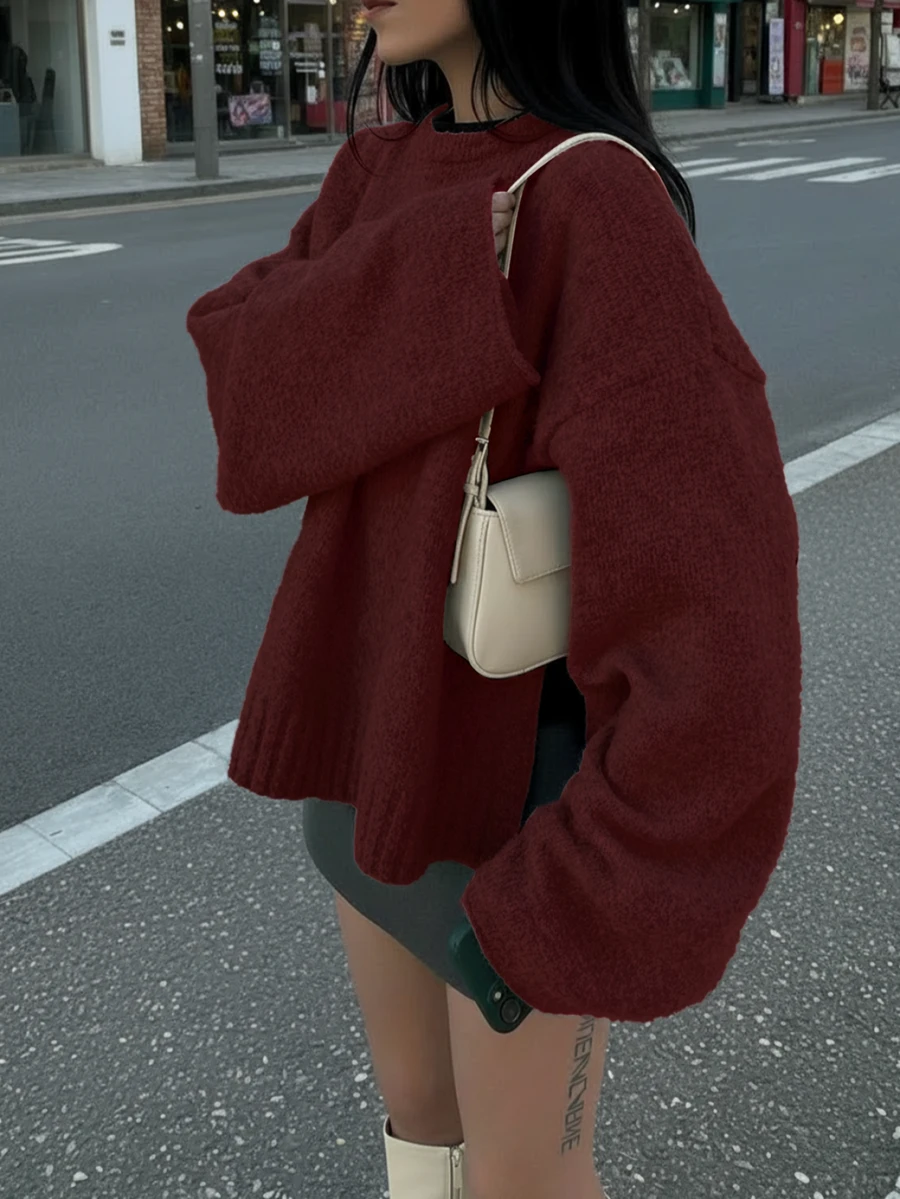 SEREN 新款秋冬酒紅色圓領長袖女款毛衣,寬鬆休閒時尚極簡針織套頭衫 - 酒紅色 - 查看 1