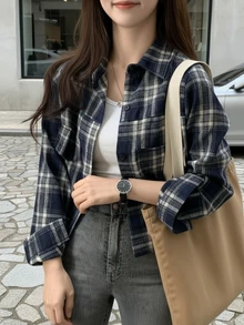 Áo sơ mi kẻ caro thường ngày dành cho nữ có túi giả, cài nút phía trước, thích hợp mặc hàng ngày, ở nhà, công sở, xuân/hè/thu - Nhiều màu - Xem 3