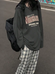 Women's Round Neck Letter Print Casual All-Match Cute Girl Oversized Long Sleeve T-Shirt, Autumn/Winter New - Dark Grey - View 2