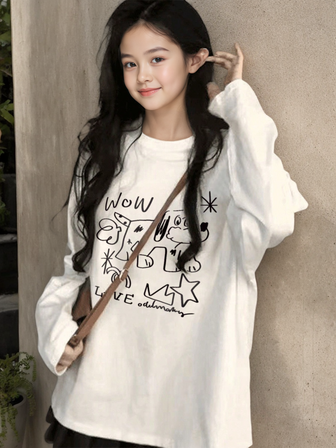 Women New Cartoon Dog Print Round Neck Casual Loose Fit Cute Girl Oversized Long Sleeve T-Shirt Top, Autumn/Winter