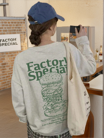 Women's Petite Hamburger & English Letter Print Long Sleeve T-Shirt, Round Neck, Versatile, Autumn/Winter