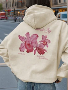 Sudadera con capucha de ajuste holgado con estampado gráfico y forro térmico para mujer, invierno - Albaricoque - Ver 1