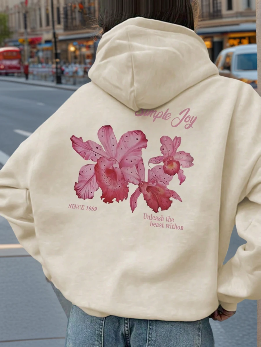 Sudadera con capucha de ajuste holgado con estampado gráfico y forro térmico para mujer, invierno - Albaricoque - Ver 1