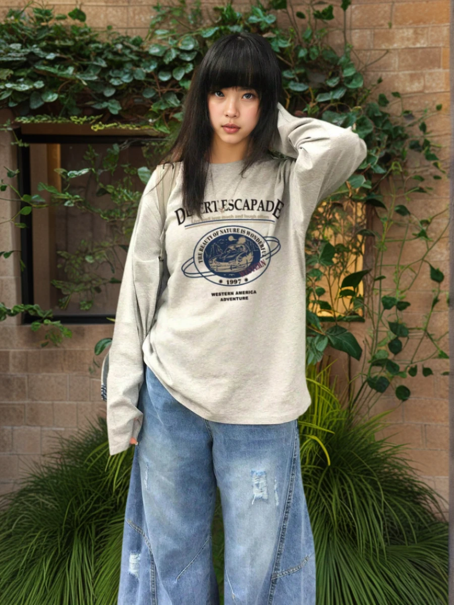 Women Spring/Summer New Loose Fit Round Neck Casual Versatile Kawaii Print Long Sleeve T-Shirt Top - Light Grey - View 1