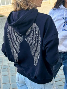 Women's Casual Graphic Print Pullover Thermal Lined Hoodie, Loose Fit Long Sleeve Winter Sweatshirt - Navy Blue - View 1