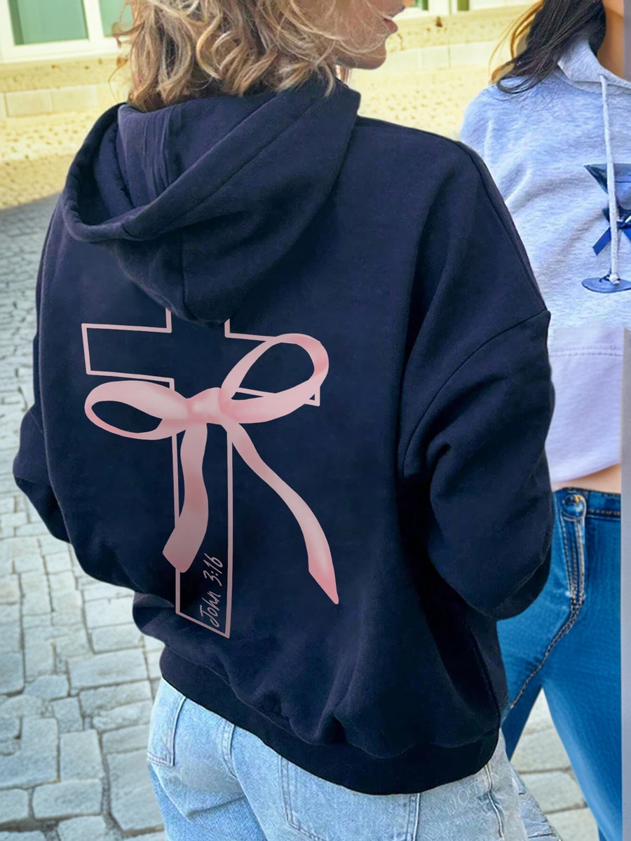 Women's Casual Graphic Print Loose Fit Thermal Lined Hoodie Sweatshirt, Winter - Navy Blue - View 1