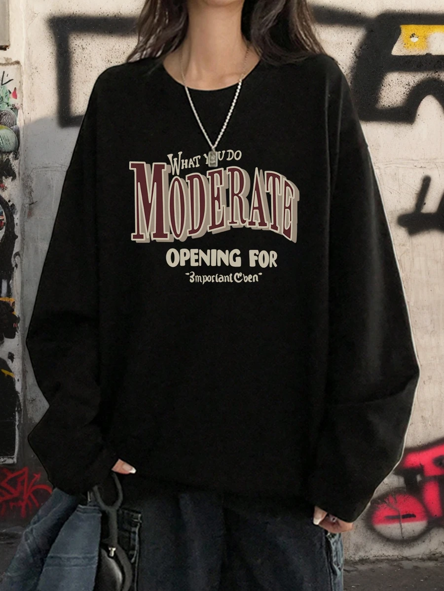 Women's Round Neck Letter Print Casual Versatile Cute-Chic Oversized Long Sleeve T-Shirt, Autumn/Winter - Black - View 1