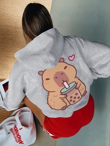 女士休闲印花宽松保暖长袖卫衣，冬季款 - 淺灰 - 查看 1