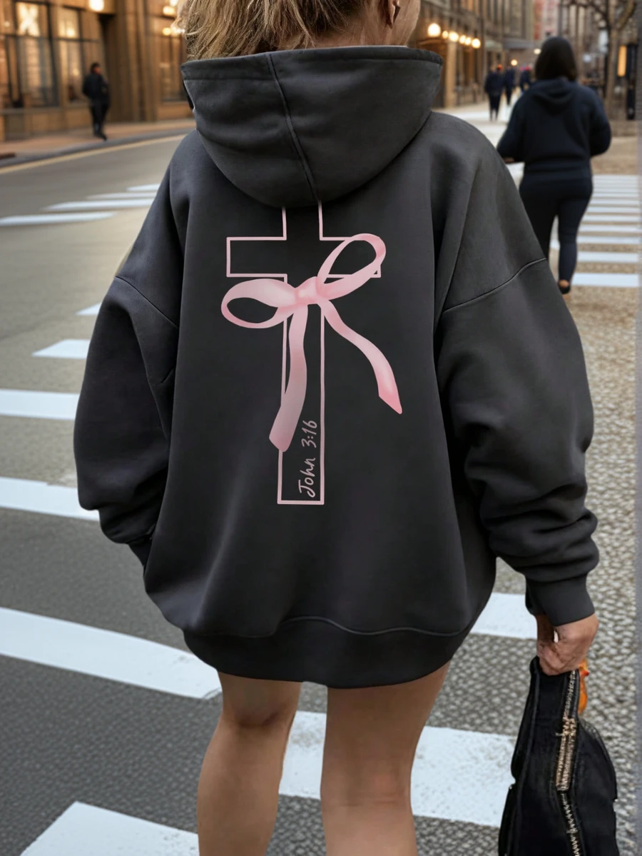 Women's Casual Graphic Print Loose Fit Hooded Sweatshirt With Thermal Lining, Fashion Winter - Dark Grey - View 1