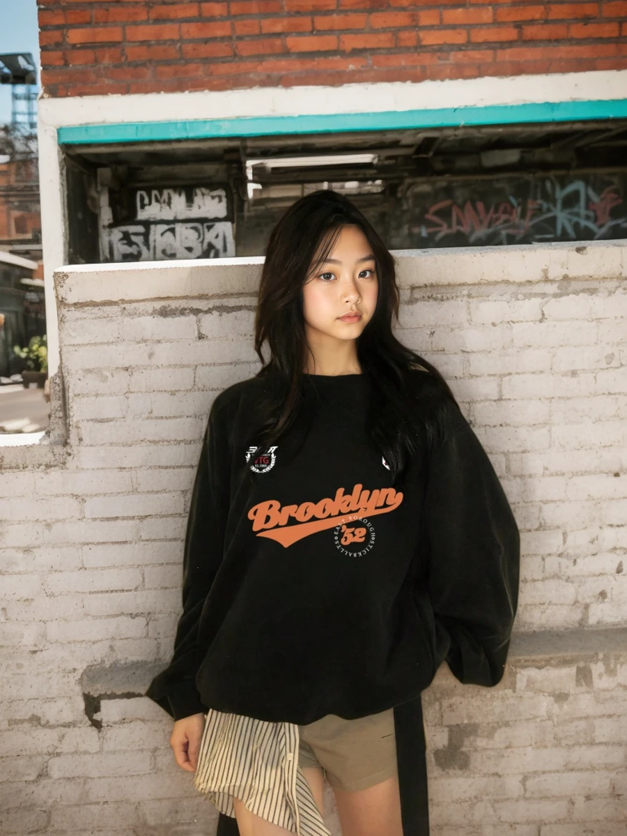 1 件休闲美式学院风图案印花宽松套头衫，适合女士，百搭日常穿着，秋冬 - 黑色 - 查看 1