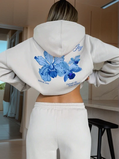 女士冬季新款趣味印花休闲套头衫 时尚宽松长袖加厚连帽卫衣 白色