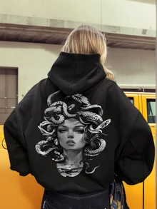 Áo nỉ có mũ trùm đầu lót nhiệt dáng rộng in họa tiết đồ họa dành cho nữ, thời trang & thường ngày, mùa đông - màu đen - Xem 1