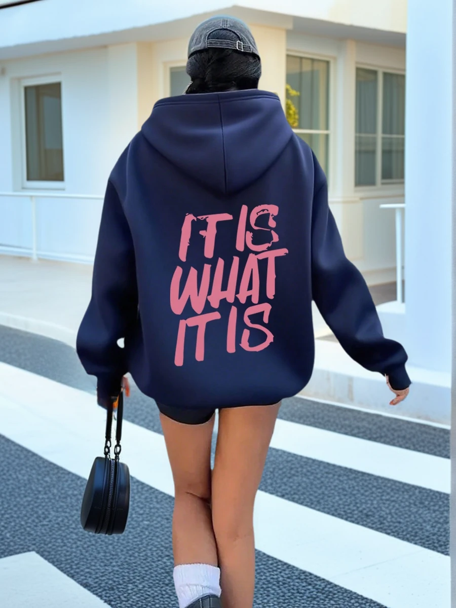 新款女式秋冬連帽衛衣,印有「It Is What It Is」標語,柔軟舒適,抓絨上衣 - 藏蓝色 - 查看 1