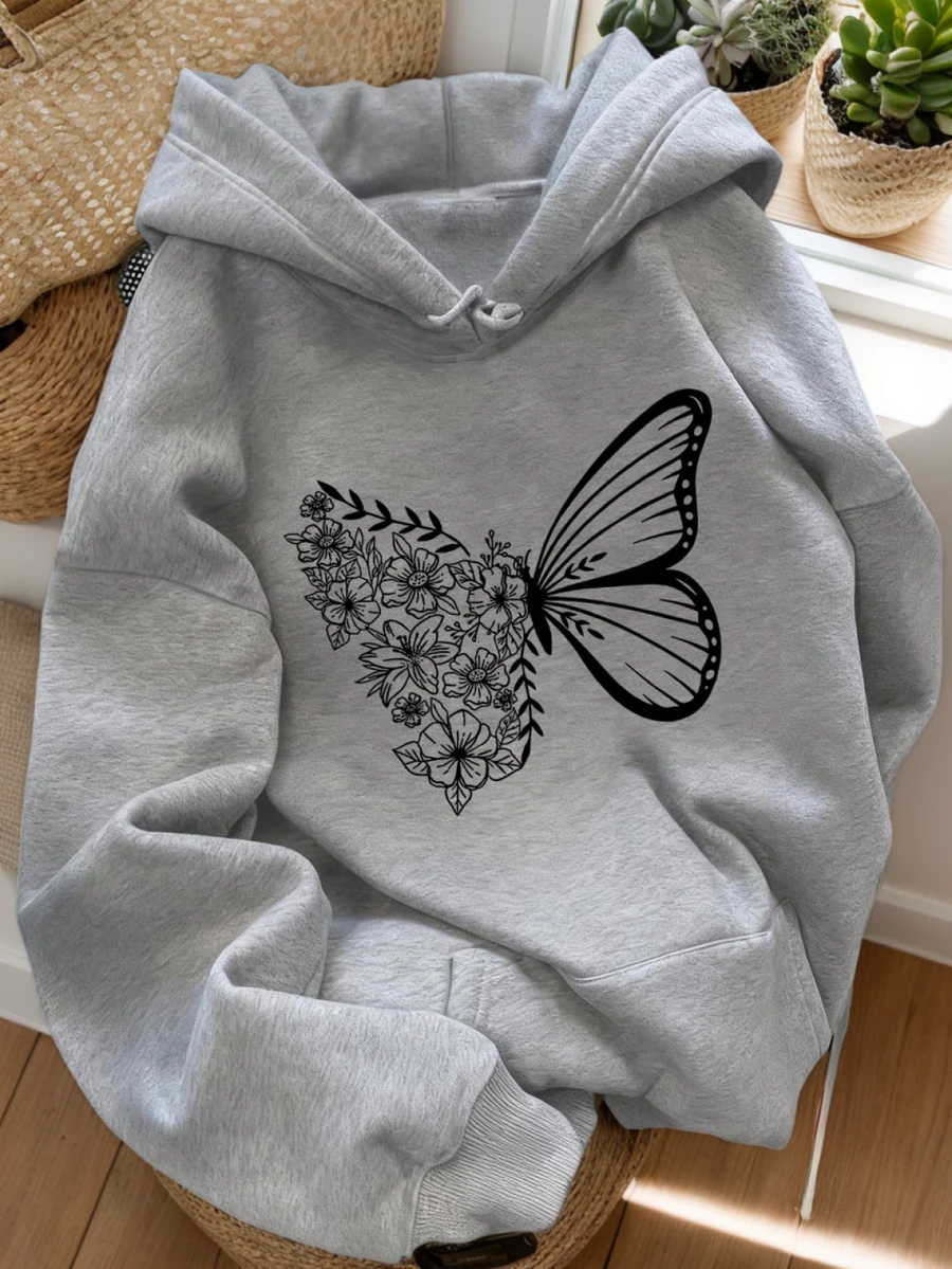Women's Fashionable Autumn/Winter Hooded Pullover Sweatshirt, Soft & Comfortable Thermal Lined Casual Tops. Women's Leisure Thermal Lined Sweatshirt With Collegiate Style Graphic Print, Radiating Youthful Vitality. Suitable For Running, Lounging, Gatherings, Parties, Etc. Provides Warmth In Autumn/Winter, Suitable For Workouts. Oversized Thick Hooded Sweatshirt For Women, Fits Street Style, Outdoor Wear, Suitable For Autumn/Winter. - Grey - View 1