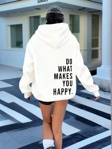 女士时尚秋冬连帽套头衫，柔软舒适的保暖衬里上衣 - 白色 - 查看 1