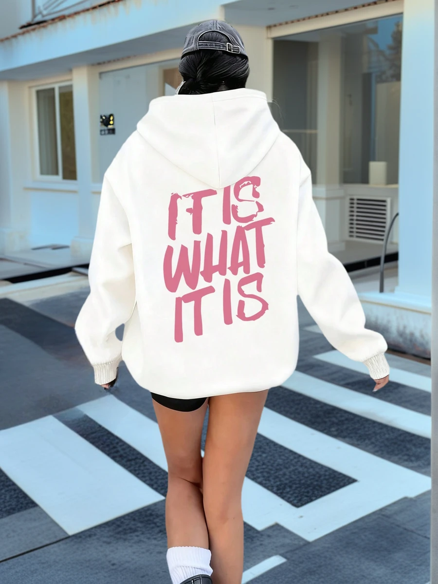 新款女式秋冬連帽衛衣，印有「It Is What It Is」圖案，柔軟舒適，毛茸茸秋冬休閒上衣 - 白色 - 查看 1