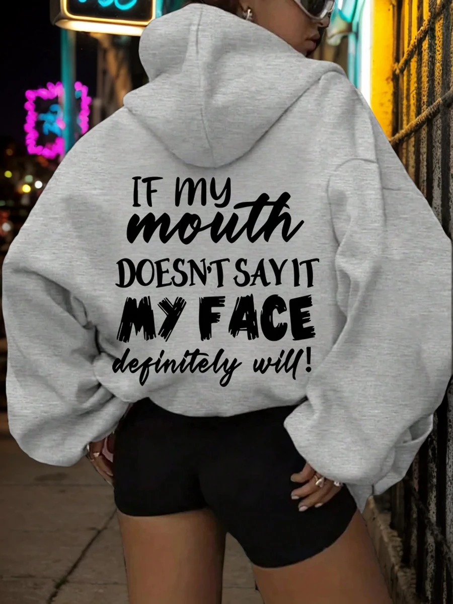 Women's Fashionable Autumn/Winter Hooded Pullover Sweatshirt, Soft & Comfortable Thermal Lined Casual Top. Women's Leisure Thermal Lined Sweatshirt With Collegiate Style Graphic Print, Radiating Youthful Vitality. Suitable For Running, Lounging, Gatherings, Parties, Etc. Provides Warmth In Autumn/Winter, Suitable For Activities Like Running And Exercising. Oversized Thick Hooded Sweatshirt For Women, Fits Street Style And Outdoor Wear, Suitable For Autumn/Winter. - Grey - View 1