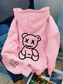 Casual Bear Print Drawstring Hoodie Sweatshirt, Autumn/Winter - Pink - View 1