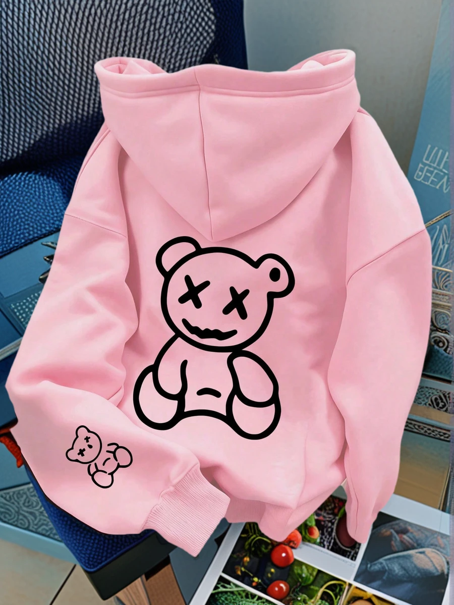 Casual Bear Print Drawstring Hoodie Sweatshirt, Autumn/Winter - Pink - View 1