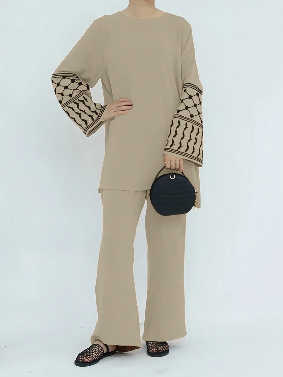 Women's Casual Suit, High Neck Batwing Sleeve Geometric Pattern Top Paired With Non-Stretch Pants, Elegant Embroidery Cuff Decor