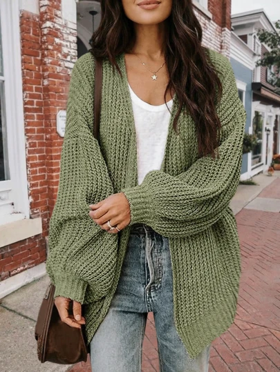 1件女士纯色休闲长袖灯笼袖针织开衫，秋冬季长袖上衣