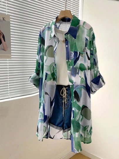 Women's Fashionable Ink Painting Print Shirt, Summer Mid-Length Style, Slimming & Artistic, Green Color Adjustable Sleeve Length Vacation