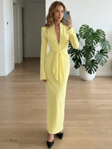 New Women's Solid Color Elegant Turndown Collar Cinched Waist Cinched Waist Zip Up Long Sleeve Dress - Yellow - View 1