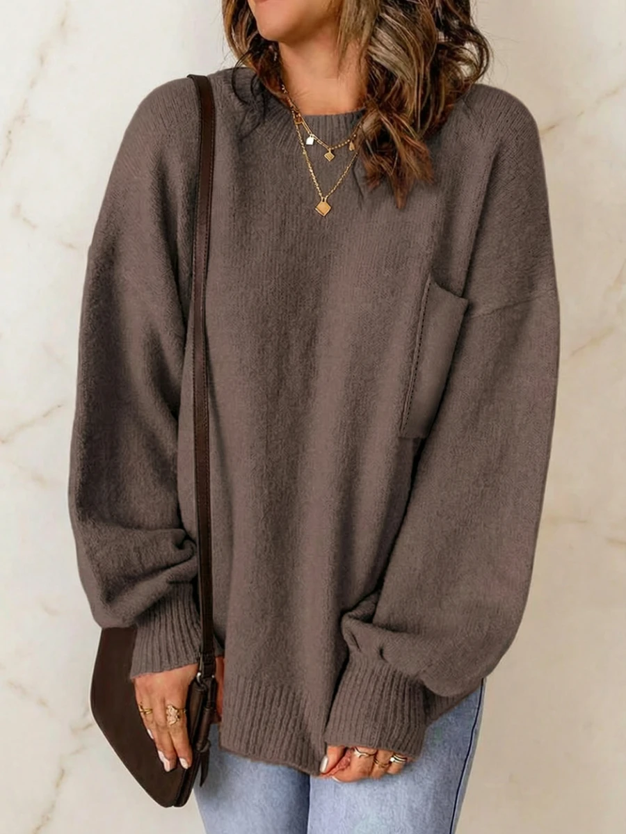 Women's Casual Crew Neck Pullover Solid Color Drop Shoulder Patch Pocket Sweater - Maroon - View 1