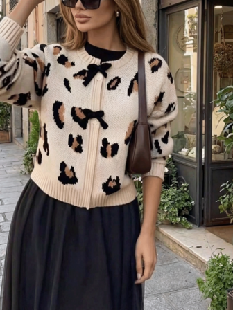 Suéter de punto con lazo y botones acanalados con estampado de leopardo para mujer, adecuado para vacaciones, citas nocturnas, uso diario, aeropuerto, viajes, otoño/invierno