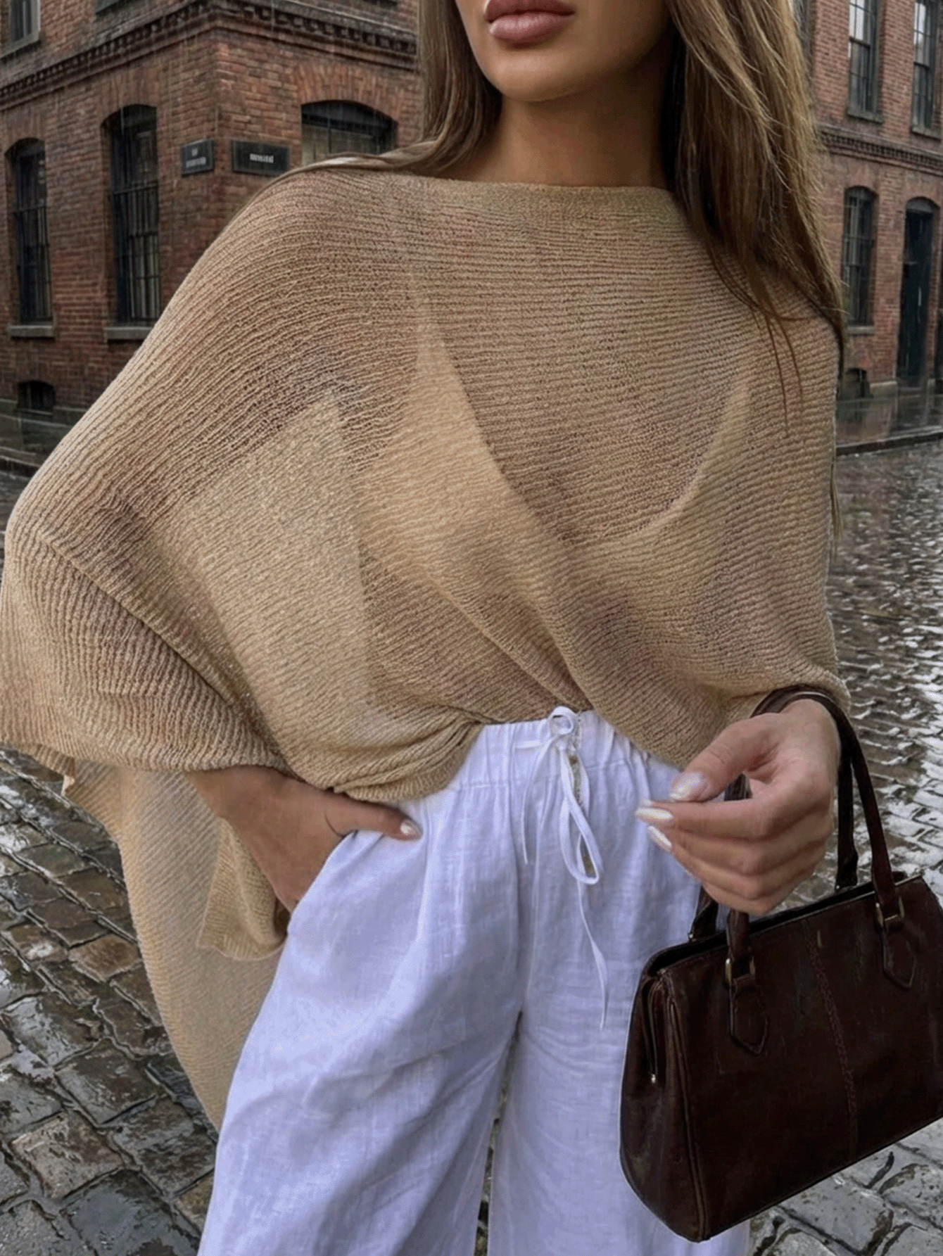 女式套头蝙蝠风格纯色针织毛衣