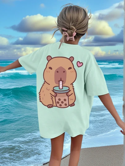 Girls & Teens Casual Mint Green Printed Round Neck Short Sleeve T-Shirt, Summer Top