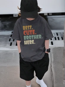 Tween Boy Teenage Casual Dark Grey Round Neck Pullover Short Sleeve T-Shirt, Summer