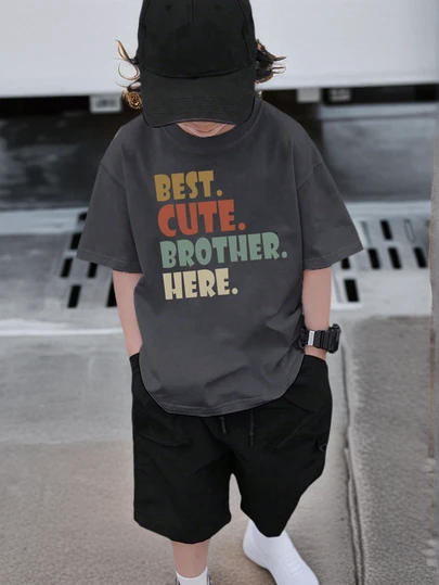 Tween Boy Teenage Casual Dark Grey Round Neck Pullover Short Sleeve T-Shirt, Summer