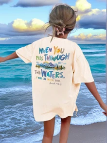 女童和青少年休闲杏色印花圆领短袖 T 恤、夏季上衣