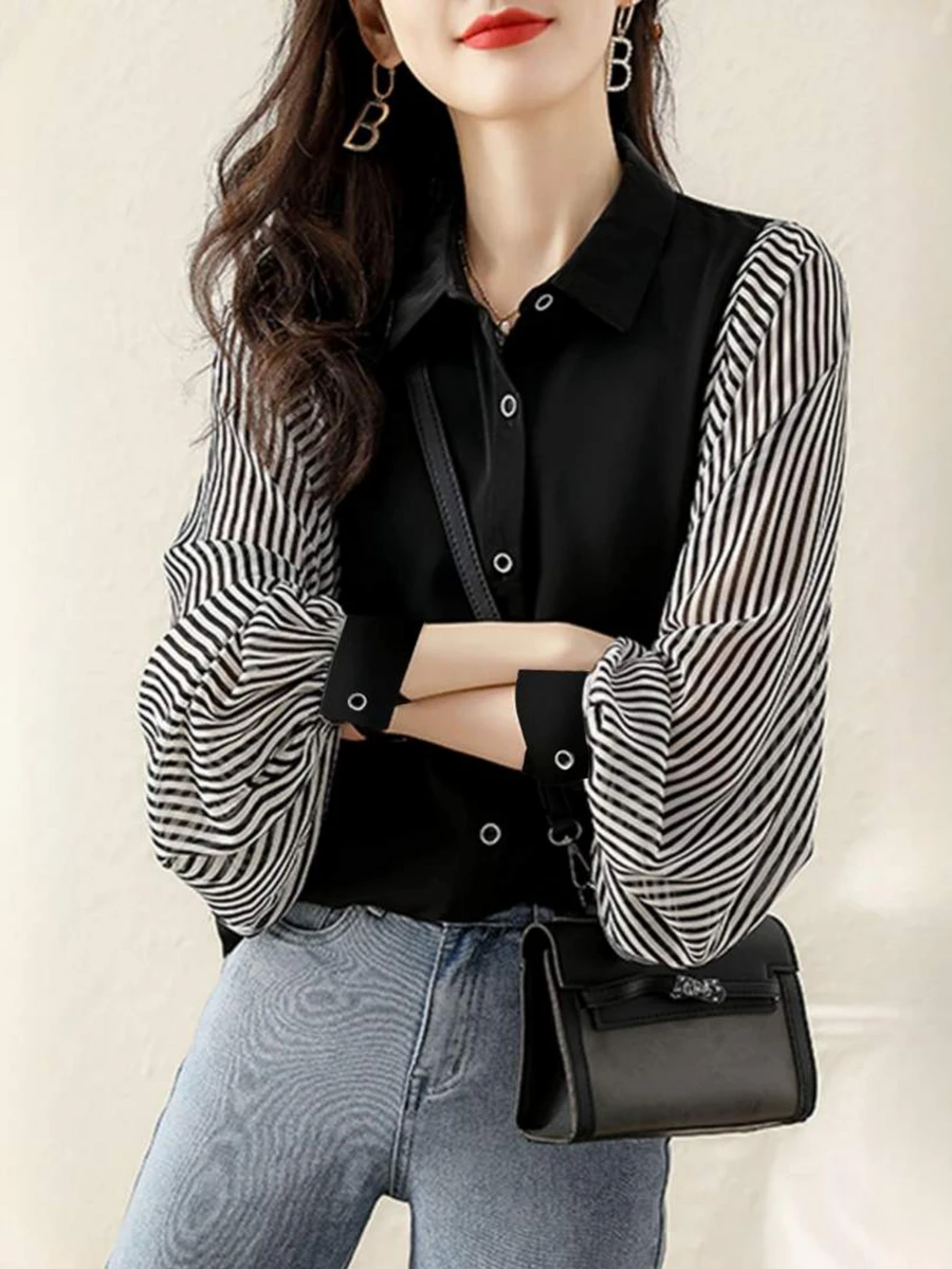 大码女式条纹袖梭织面料衬衫，长袖常规上衣 - 黑色 - 查看 1